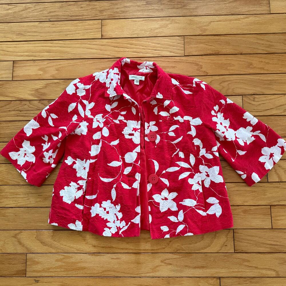Coldwater Creek Red White Floral Textured Jacket Blazer Size 10 Lined L